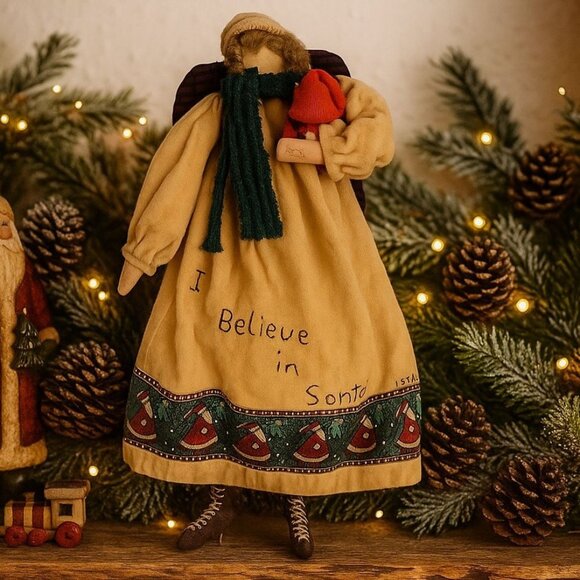 Primitive Christmas Angel Rag Doll Folk Art Handmade Signed VTG Rustic Country - Picture 1 of 16